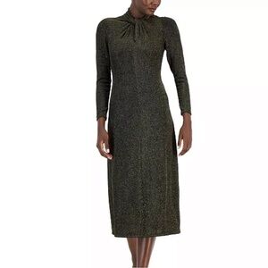 Anne klein lurex knit twist neck midi dress gold